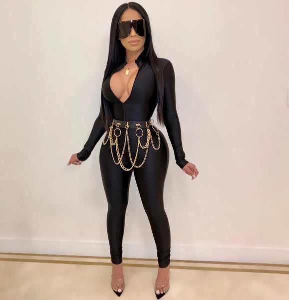 Sexy Black Zipper V Neck Jumpsuit Women Long Sleeve Legging Bodycon Rompers Women Jumpsuit Casual Sport wear Body Slim Overalls
