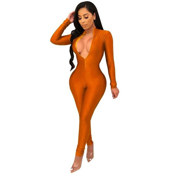 Sexy Black Zipper V Neck Jumpsuit