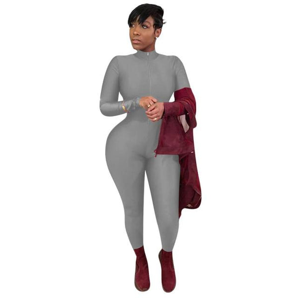 Sexy Black Zipper V Neck Jumpsuit Women Long Sleeve Legging Bodycon Rompers Women Jumpsuit Casual Sport wear Body Slim Overalls