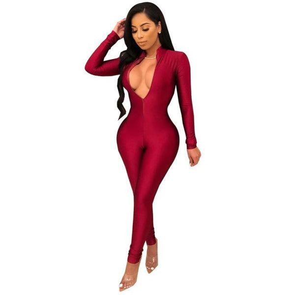 Sexy Black Zipper V Neck Jumpsuit Women Long Sleeve Legging Bodycon Rompers Women Jumpsuit Casual Sport wear Body Slim Overalls