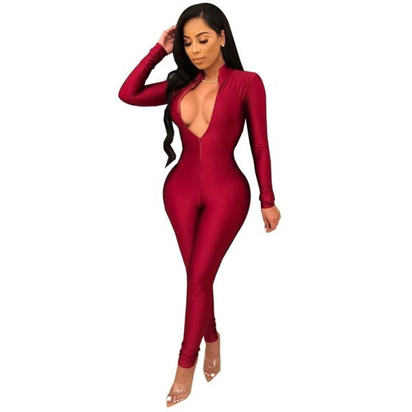 Sexy Black Zipper V Neck Jumpsuit