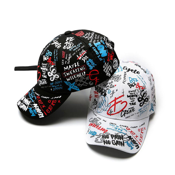 Baseball Cap Adjustable Black White Color Printing Graffiti