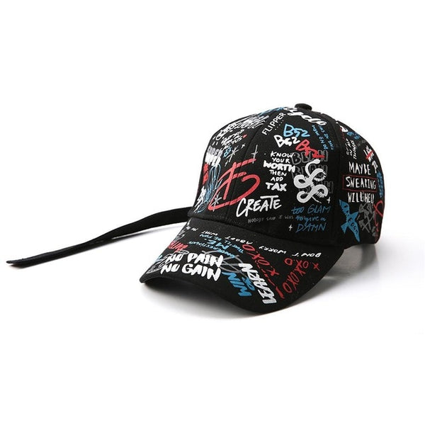 Baseball Cap Adjustable Black White Color Printing Graffiti