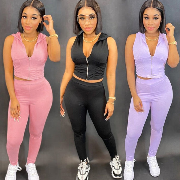 Women's Hooded Jogging Suits Zipper Deep V