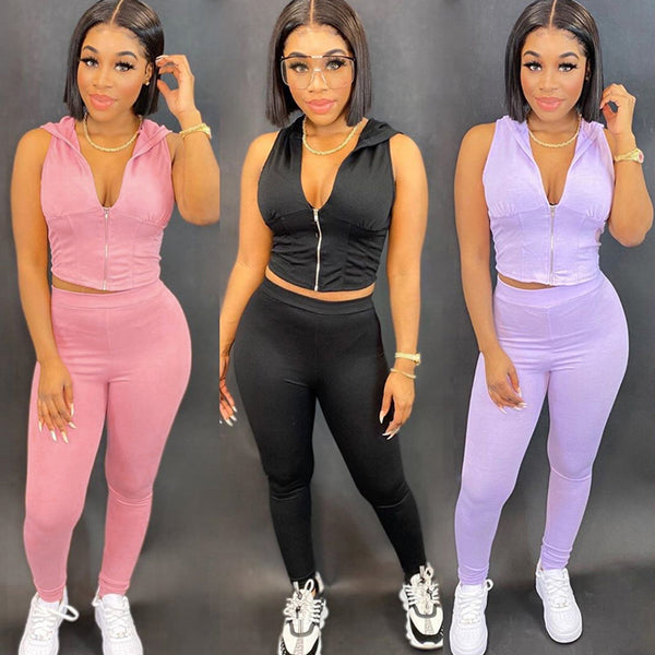 Women's Hooded Jogging Suits Zipper Deep V Casual